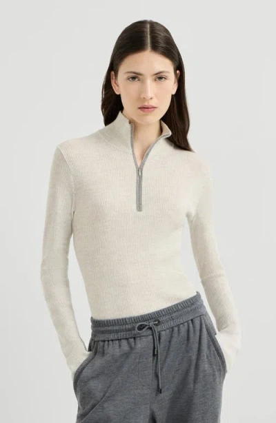 Brunello Cucinelli Virgin Wool And Cashmere Lightweight Ribbed Turtleneck Sweater With Precious Half In Gold