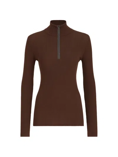 Brunello Cucinelli Virgin Wool And Cashmere Lightweight Ribbed Turtleneck Sweater With Precious Half-zip In Brown