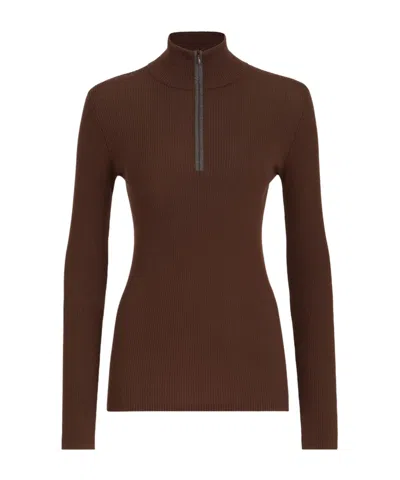Brunello Cucinelli Virgin Wool And Cashmere Lightweight Ribbed Turtleneck Sweater With Precious Half-zip In Brown