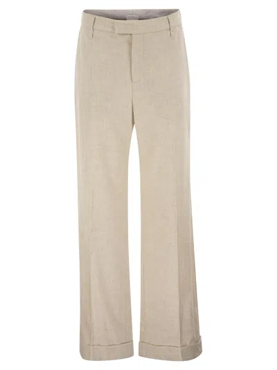 Brunello Cucinelli Virgin Wool And Cashmere Tailored Trousers With Turn-up Hem In Neutral