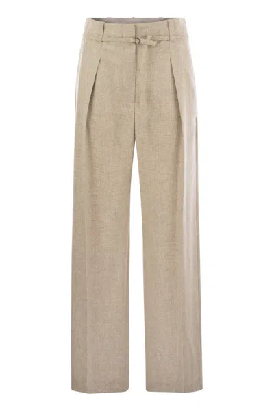 Brunello Cucinelli Virgin Wool And Cashmere Trousers With Necklace In Neutral