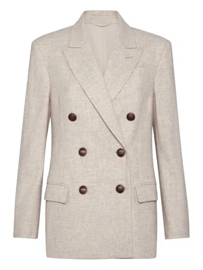 Brunello Cucinelli Virgin Wool And Cashmere Twill Flannel Blazer With Monili Clothing In Neutral