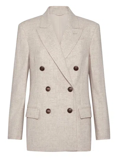 BRUNELLO CUCINELLI VIRGIN WOOL AND CASHMERE TWILL FLANNEL BLAZER WITH MONILI