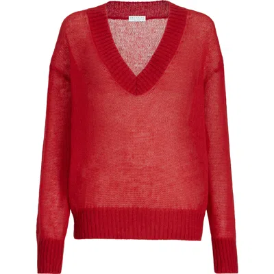 Brunello Cucinelli Sweater In Virgin Wool And Mohair With V-neck In Red