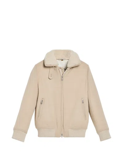 Brunello Cucinelli Kids' Virgin Wool Beaver-cloth Aviator Jacket With Thermore Padding And Shearling Insert In Neutrals