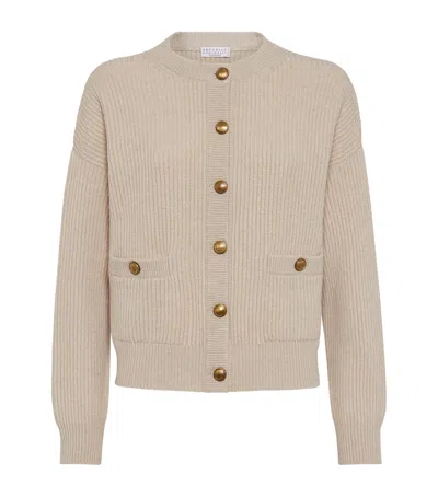 Brunello Cucinelli Virgin Wool-blend Crew Neck Cardigan In Brown