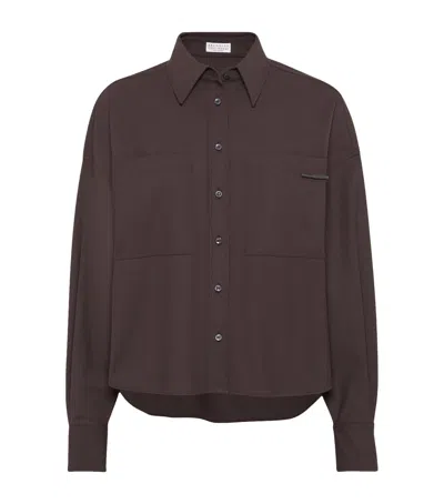 Brunello Cucinelli Virgin Wool-blend Monili-tab Shirt In Brown