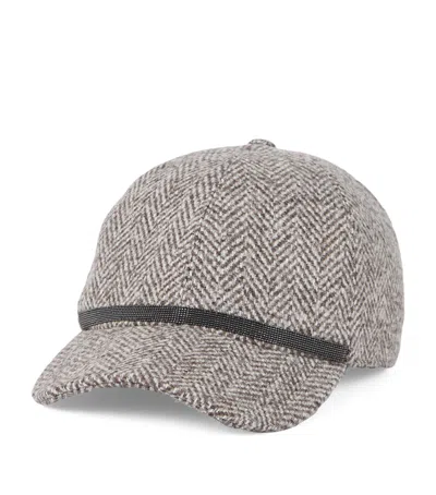 Brunello Cucinelli Virgin Wool-blend Tweed Baseball Cap In Brown