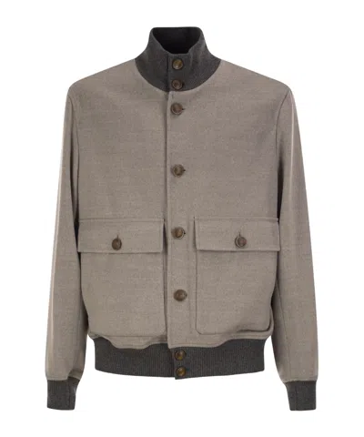 Brunello Cucinelli Virgin Wool Bomber Jacket With Cashmere Knit Details In Brown