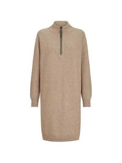 Brunello Cucinelli Virgin Wool, Cashmere And Silk Rib-knit Dress With Precious Half-zip In Multi