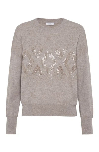 BRUNELLO CUCINELLI BRUNELLO CUCINELLI VIRGIN WOOL, CASHMERE AND SILK SWEATER WITH DAZZLING MOSAIC EMBROIDERY