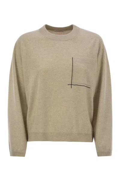 Brunello Cucinelli Virgin Wool, Cashmere And Silk Sweater With Shiny Pocket Detail In Neutral