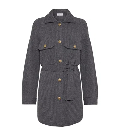 Brunello Cucinelli Virgin Wool-cashmere-silk Cardigan In Gray