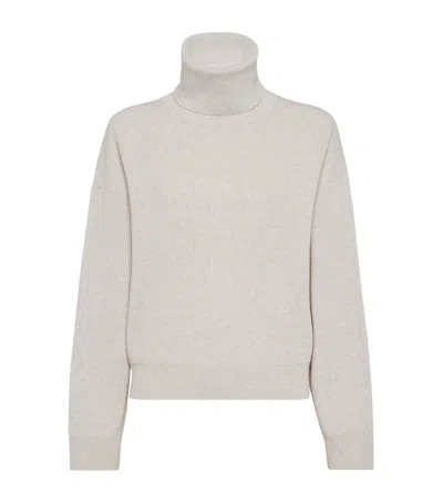 Brunello Cucinelli Virgin Wool-cashmere-silk Rollneck Sweater In White
