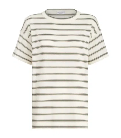 Brunello Cucinelli Virgin Wool-cashmere Striped T-shirt In Green