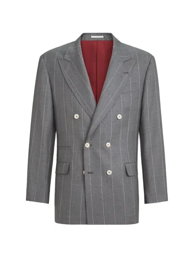 Brunello Cucinelli Virgin Wool Chalk Stripe One-and-a-half Breasted Tailor Blazer In Gray