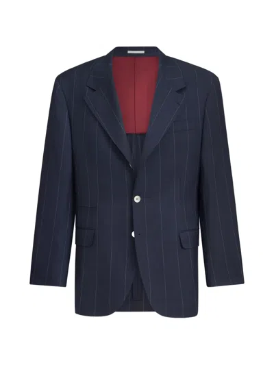 Brunello Cucinelli Virgin Wool Chalk Stripe Tailor Blazer In Blue
