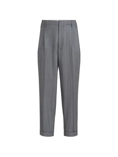 Brunello Cucinelli Virgin Wool Chalk Stripe Trousers With Double Pleats In Blue