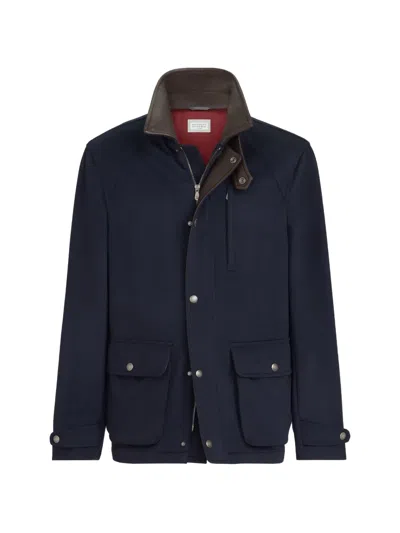Brunello Cucinelli Virgin Wool Cloth Field Jacket With Nappa Leather Inserts In Blue