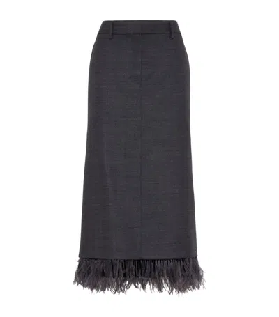 Brunello Cucinelli Virgin Wool Column Skirt With Detachable Feather Trim In Anthracite