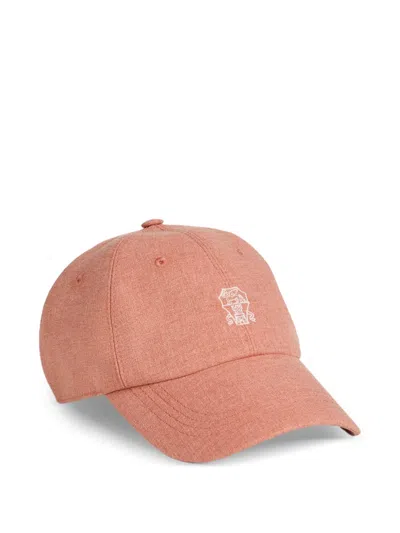 Brunello Cucinelli Kids' Virgin Wool, Cotton And Silk Baseball Cap With Logo In Orange