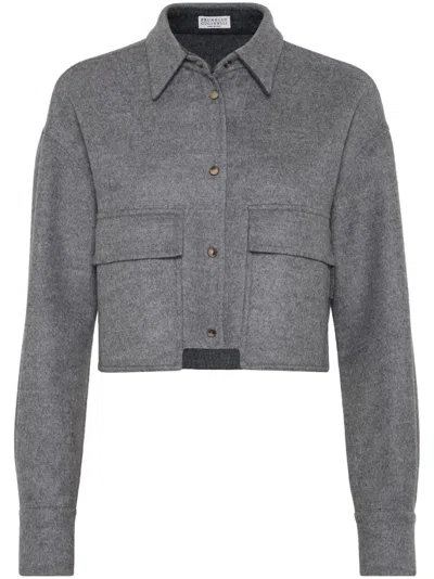 Brunello Cucinelli Virgin Wool Cropped Shirt Jacket In Multicolor