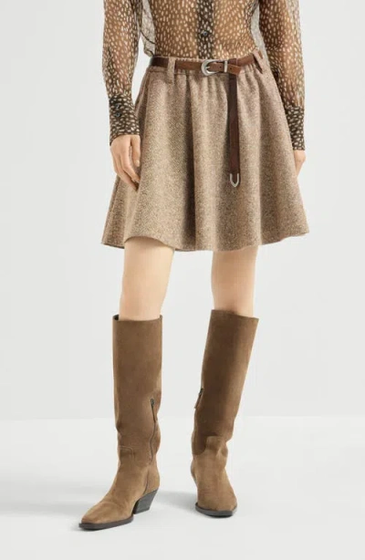 Brunello Cucinelli Virgin Wool Donegal Mini Circle Skirt With Monili In Brown