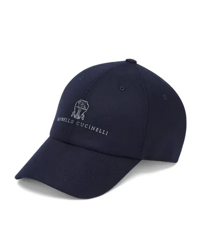 Brunello Cucinelli Virgin Wool Embroidered Baseball Cap In Blue