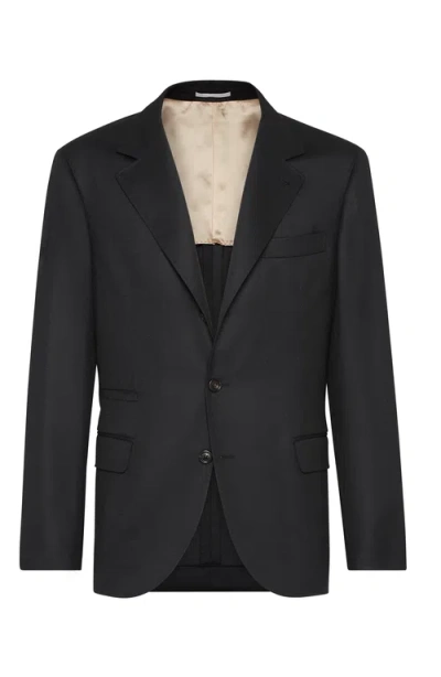 Brunello Cucinelli Virgin Wool Flannel Deconstructed Blazer In Black