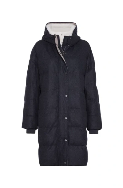 Brunello Cucinelli Virgin Wool Flannel Down Parka With Detachable Shearling Insert And Shiny Zipper  In Medium Grey