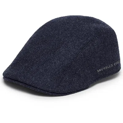 Brunello Cucinelli Virgin Wool Flannel Flat Cap With Embroidery In Marine