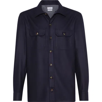Brunello Cucinelli Virgin Wool Flannel Overshirt In Blue
