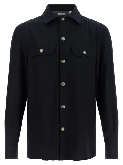 Brunello Cucinelli Virgin Wool Flannel Overshirt In Navy