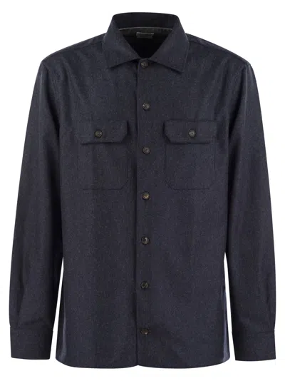 Brunello Cucinelli Virgin Wool Flannel Overshirt With Pockets In Navy Blue