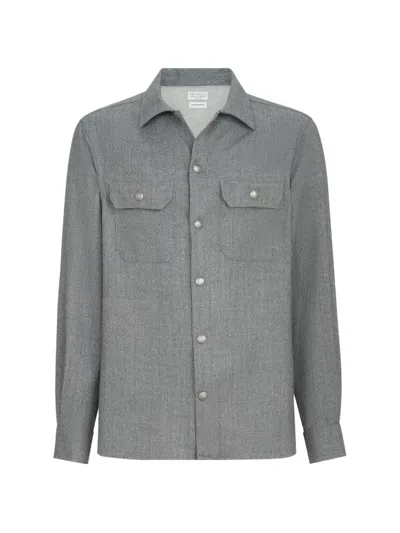 Brunello Cucinelli Virgin Wool Flannel Overshirt With Spread Collar And Chest Pockets In Gray