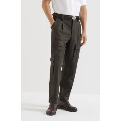 Brunello Cucinelli Virgin Wool Flannel Trousers With Cargo Pockets And Waist Tabs In Brown