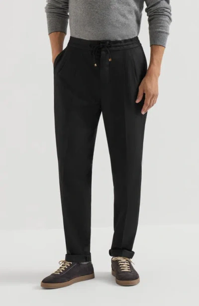 Brunello Cucinelli Virgin Wool Flannel Trousers With Drawstring And Double Pleats In Black