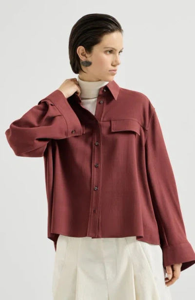 Brunello Cucinelli Virgin Wool Fluid Twill Cropped Shirt In Wine