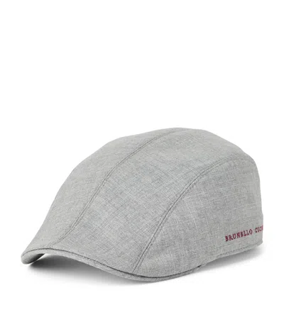Brunello Cucinelli Logo-embroidered Virgin Wool-flannel Flat Cap In Gray