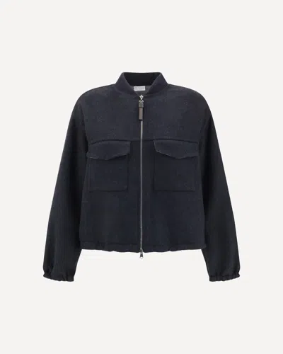 Brunello Cucinelli Oversized Virgin Wool Jacket With Ribbed Collar In Blue