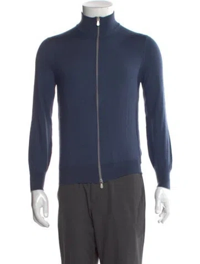 Pre-owned Brunello Cucinelli Virgin Wool Mock Neck Cardigan In Blue