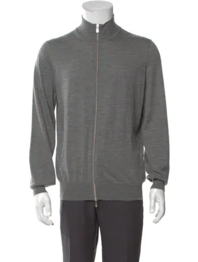Pre-owned Brunello Cucinelli Virgin Wool Mock Neck Cardigan In Gray