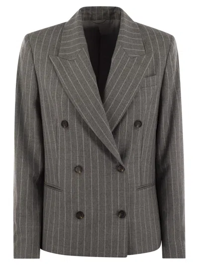 Brunello Cucinelli Virgin Wool Mouliné Pinstripe Jacket With Beadwork In Grey