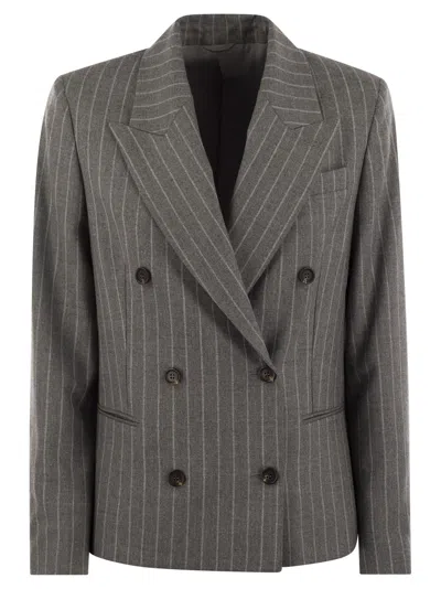 Brunello Cucinelli Elegant Pinstripe Wool Jacket With Beaded Collar Detail In Grey