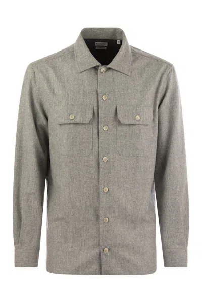 Brunello Cucinelli Virgin Wool Over Shirt With Pockets In Pearl