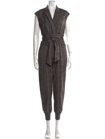 Pre-owned Brunello Cucinelli Virgin Wool Plaid Print Jumpsuit In Gray