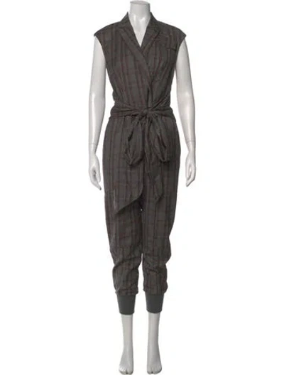Pre-owned Brunello Cucinelli Virgin Wool Plaid Print Jumpsuit In Grey