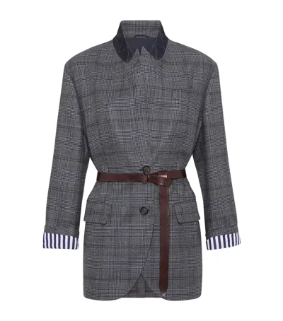 Brunello Cucinelli Virgin Wool Prince Of Wales Check Belted Blazer In Blue