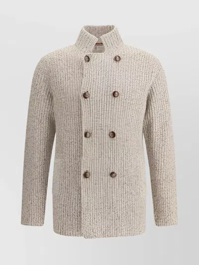 Brunello Cucinelli Virgin Wool Ribbed Cardigan With Grooved Buttons In Neutral