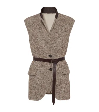 Brunello Cucinelli Virgin Wool-silk Chevron Belted Vest In Yellow